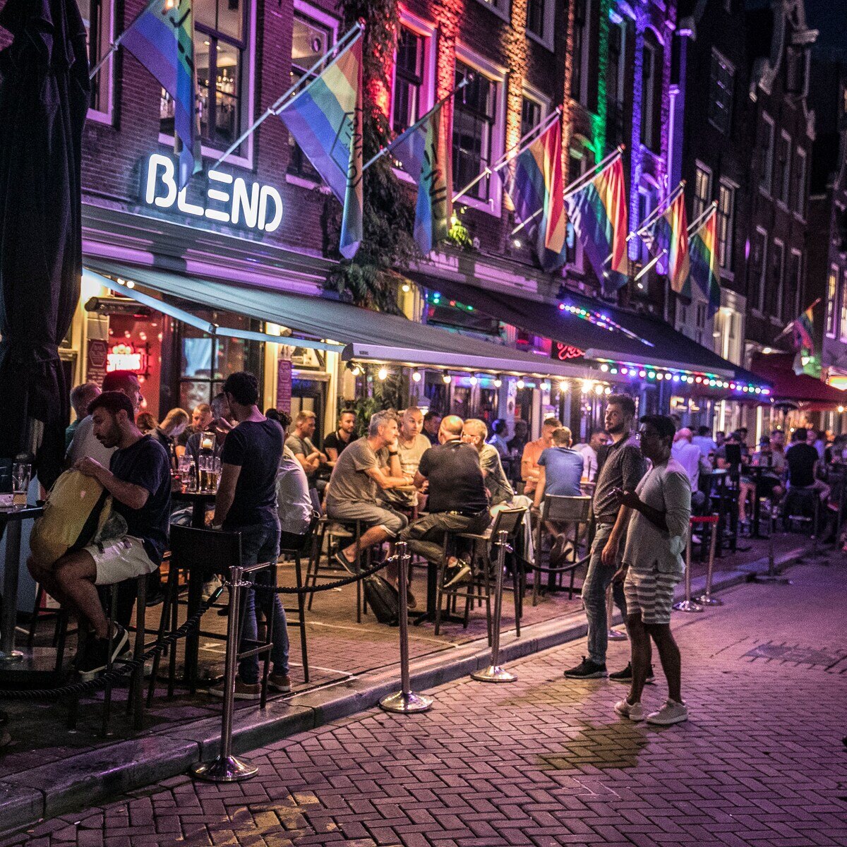 Bar Blend during Pride Bar Blend facade with rainbow flags and a full terrace during Pride on Reguliersdwarsstraat Amsterdam
