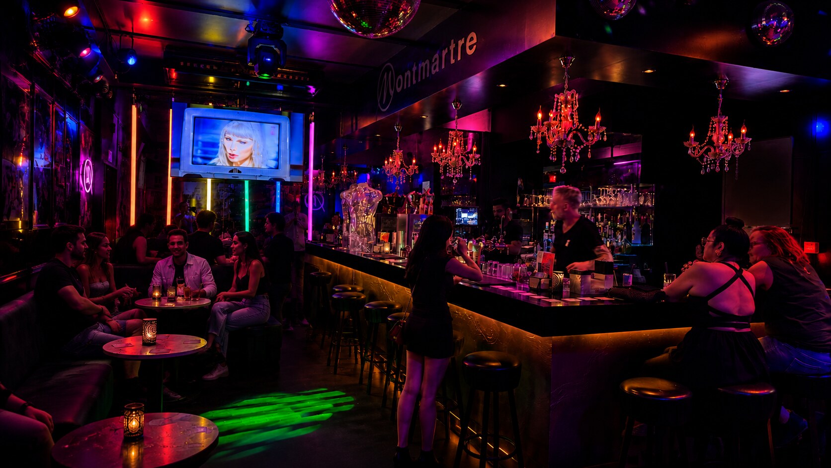 Inside Montmartre XL, Reguliersdwarsstraat The Montmartre XL interior with disco balls, chandeliers and the gold-lit bar on Reguliersdwarsstraat in Amsterdam